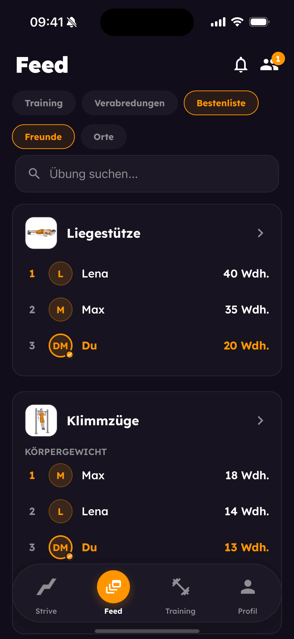 Bestenliste unter Freunden für Liegestütze und Klimmzüge