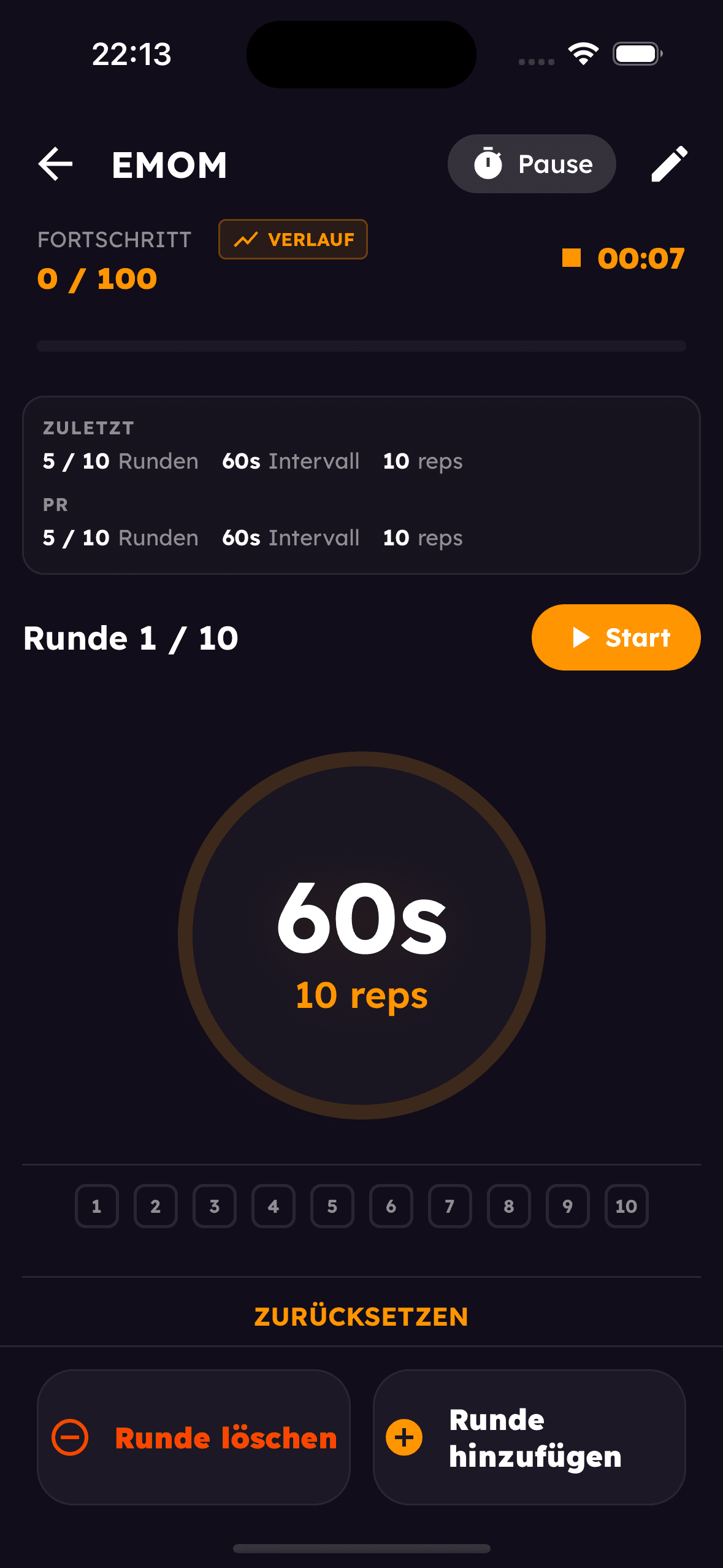 EMOM-Timer mit Rundenanzeige und Fortschritt in Strive Up