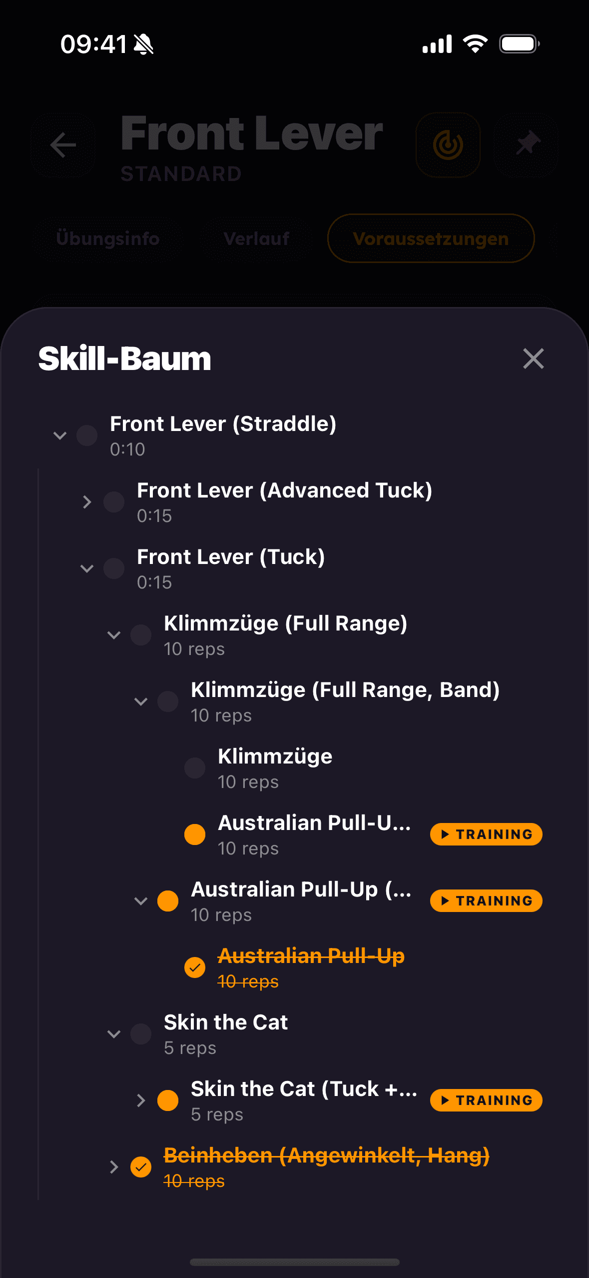 Skill-Baum zum Front Lever mit allen Vorstufen und aktuellen Trainingszielen