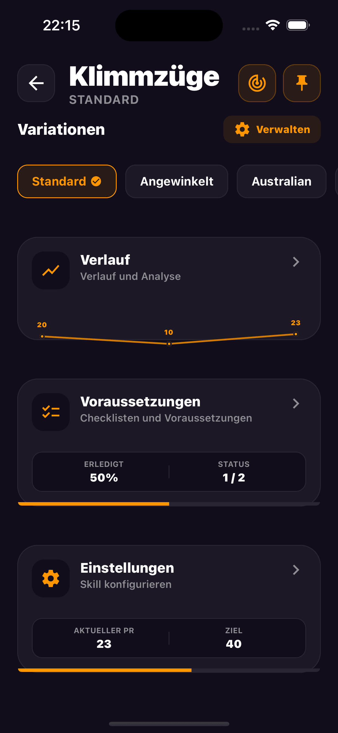 Skill-Detailansicht mit Variationen, Voraussetzungen und PR-Ziel