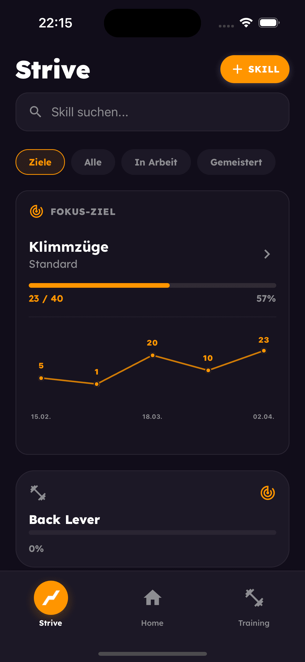 Skill-Übersicht mit Fokus-Ziel und Fortschrittsgraph