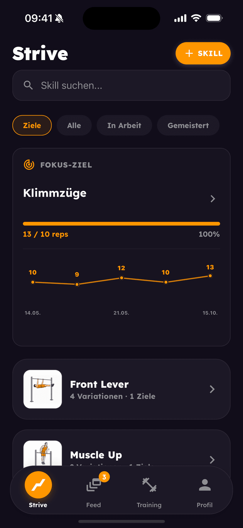 Strive-Übersicht mit Fokus-Ziel Klimmzüge, Fortschrittsbalken und Verlaufsgraph