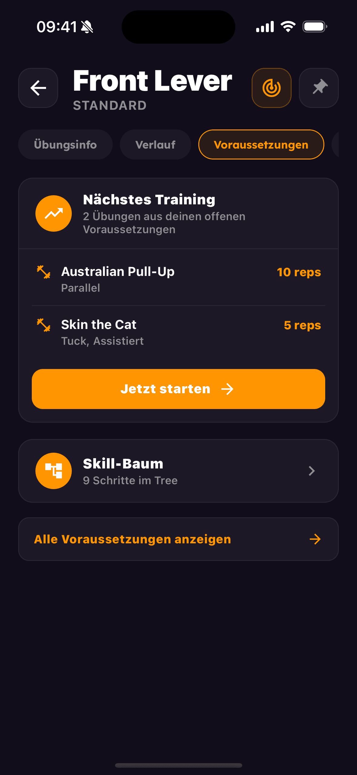 Nächstes Training aus offenen Voraussetzungen für den Front Lever
