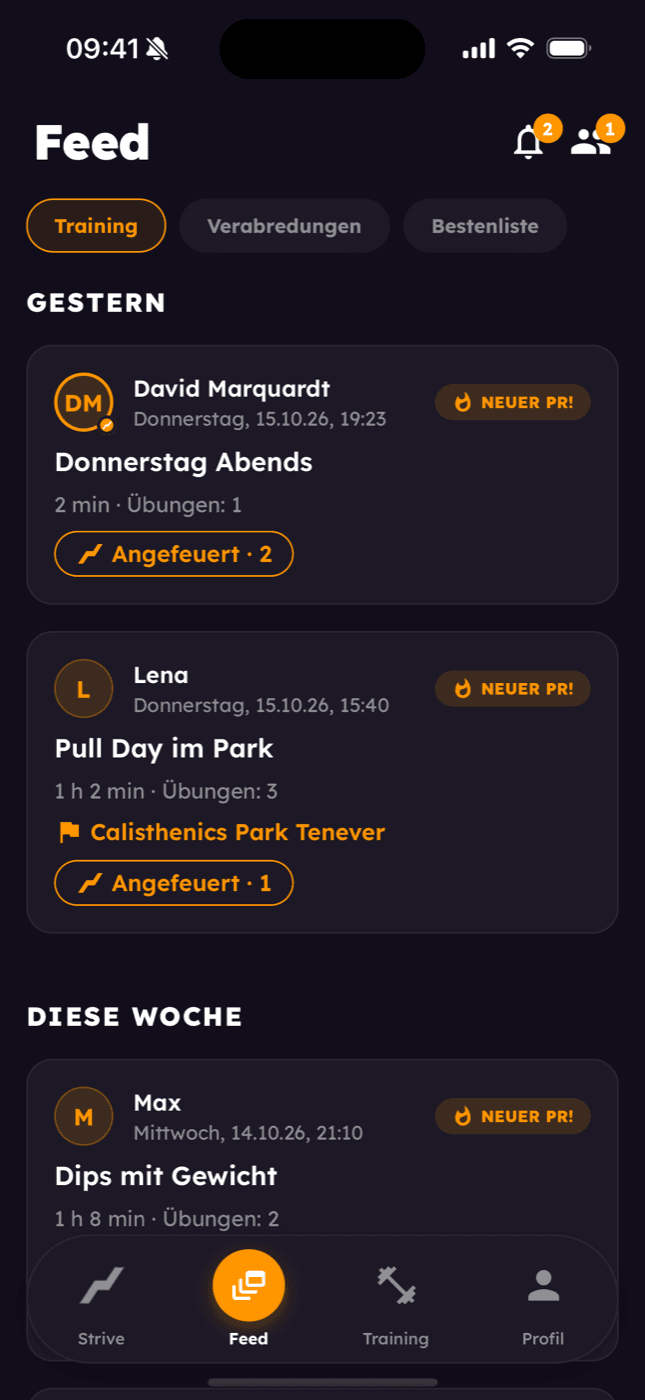 Strive-Up-Feed mit Trainings von Freunden, neuen PRs und Anfeuern