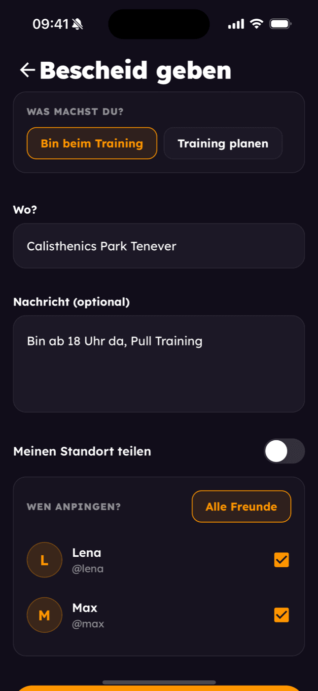 Freunden Bescheid geben: Ort, Nachricht und wer angepingt wird
