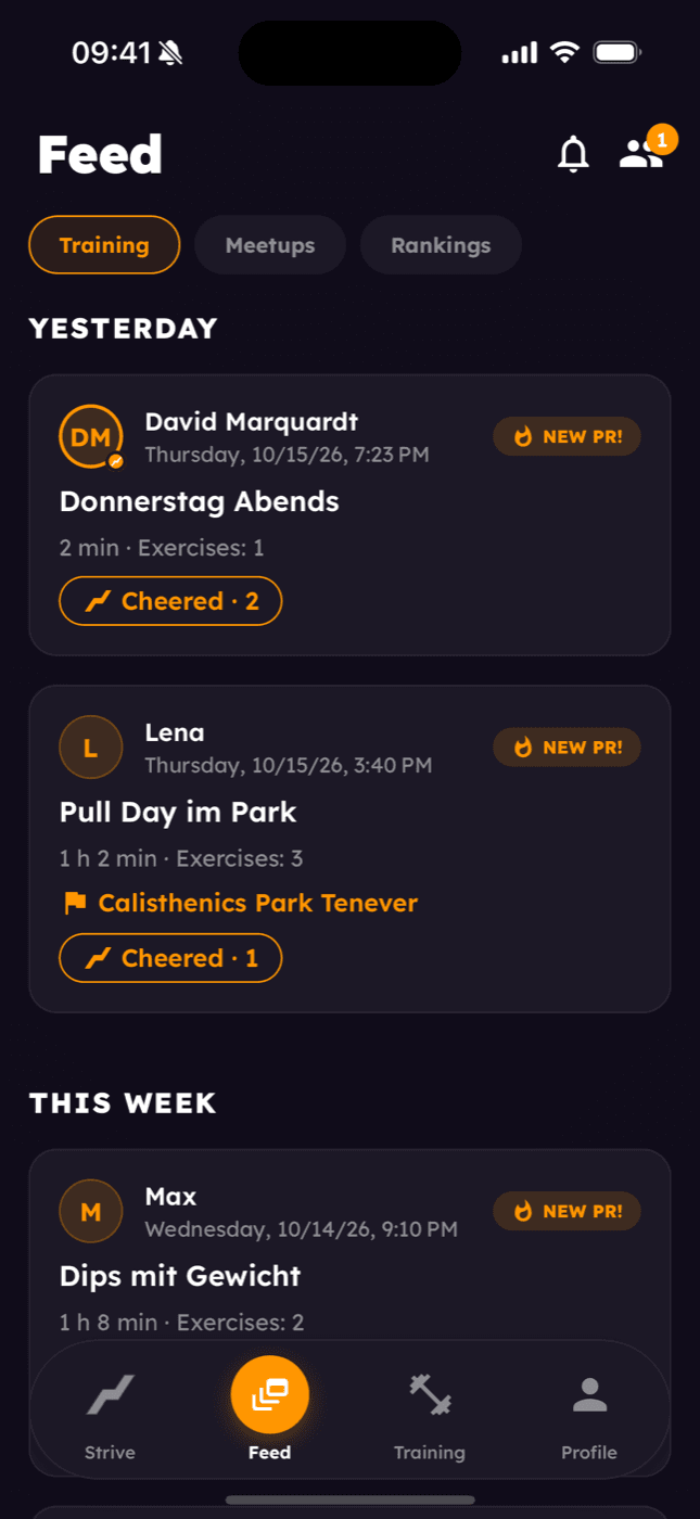 Strive Up feed with friends' workouts, new PRs and cheers