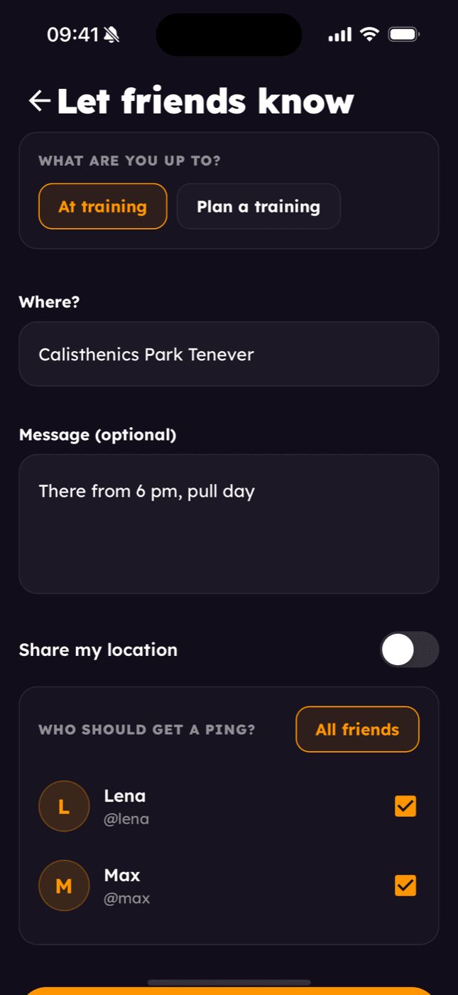 Let friends know: place, message and who gets a ping