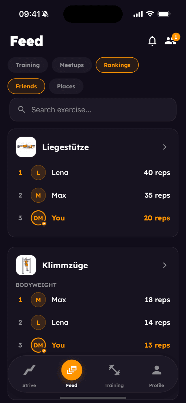 Friends leaderboard for push-ups and pull-ups